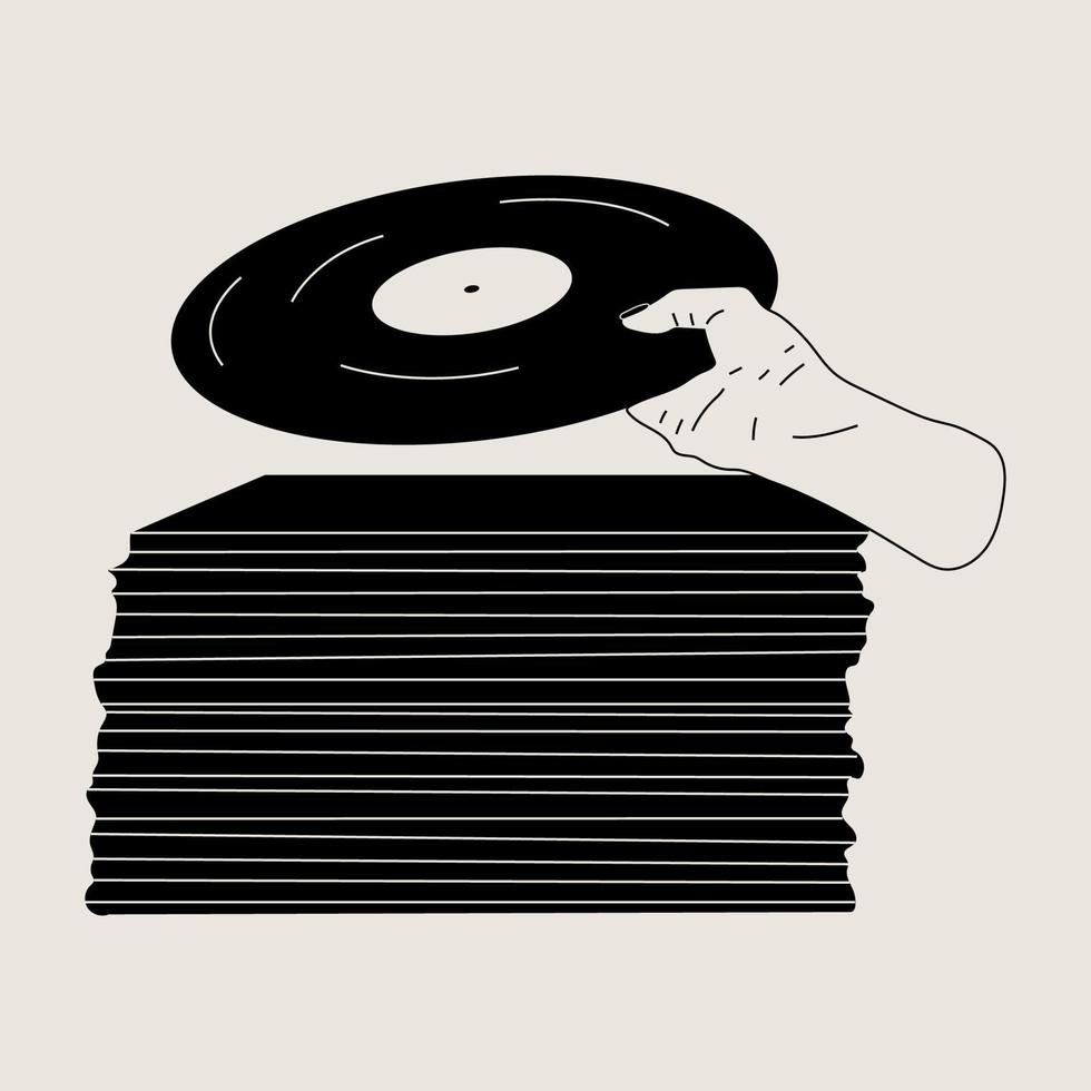 Hand holds an old vinyl record in her hands .Retro fashion style from 80s. Vector illustrations in black and white colors