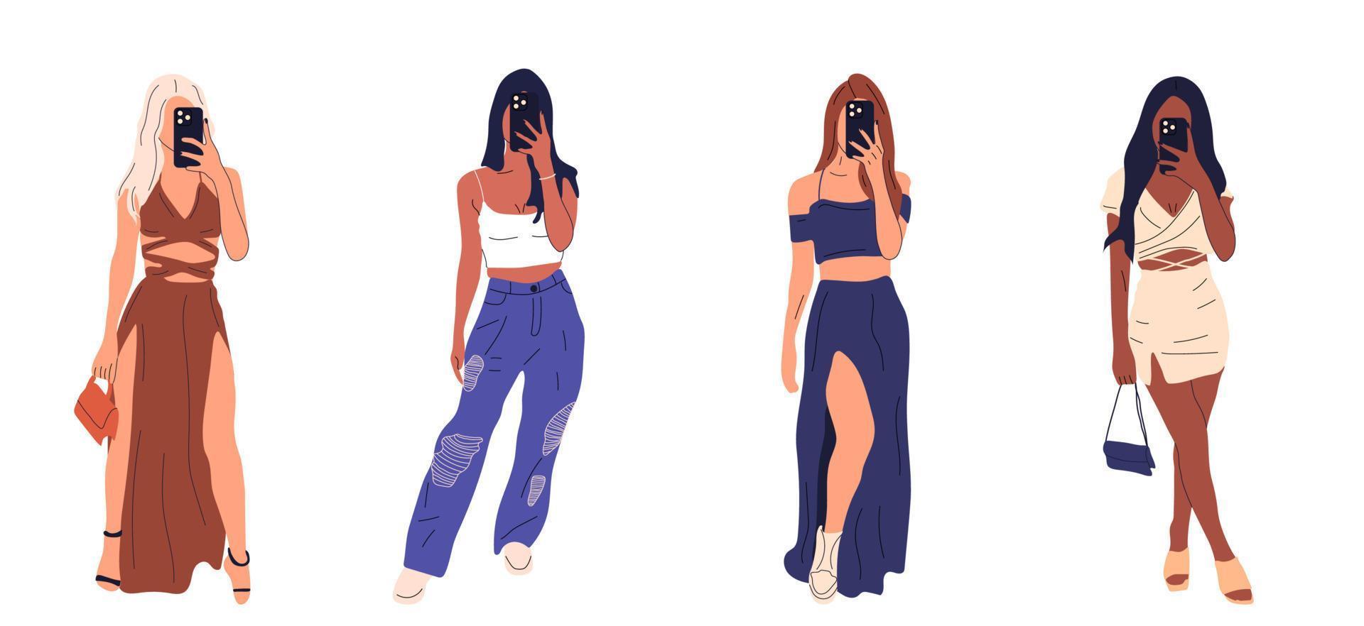 un grupo de hermosas mujeres jóvenes con ropa de moda se quita en un teléfono inteligente. boceto dibujado a mano. ilustración vectorial vector