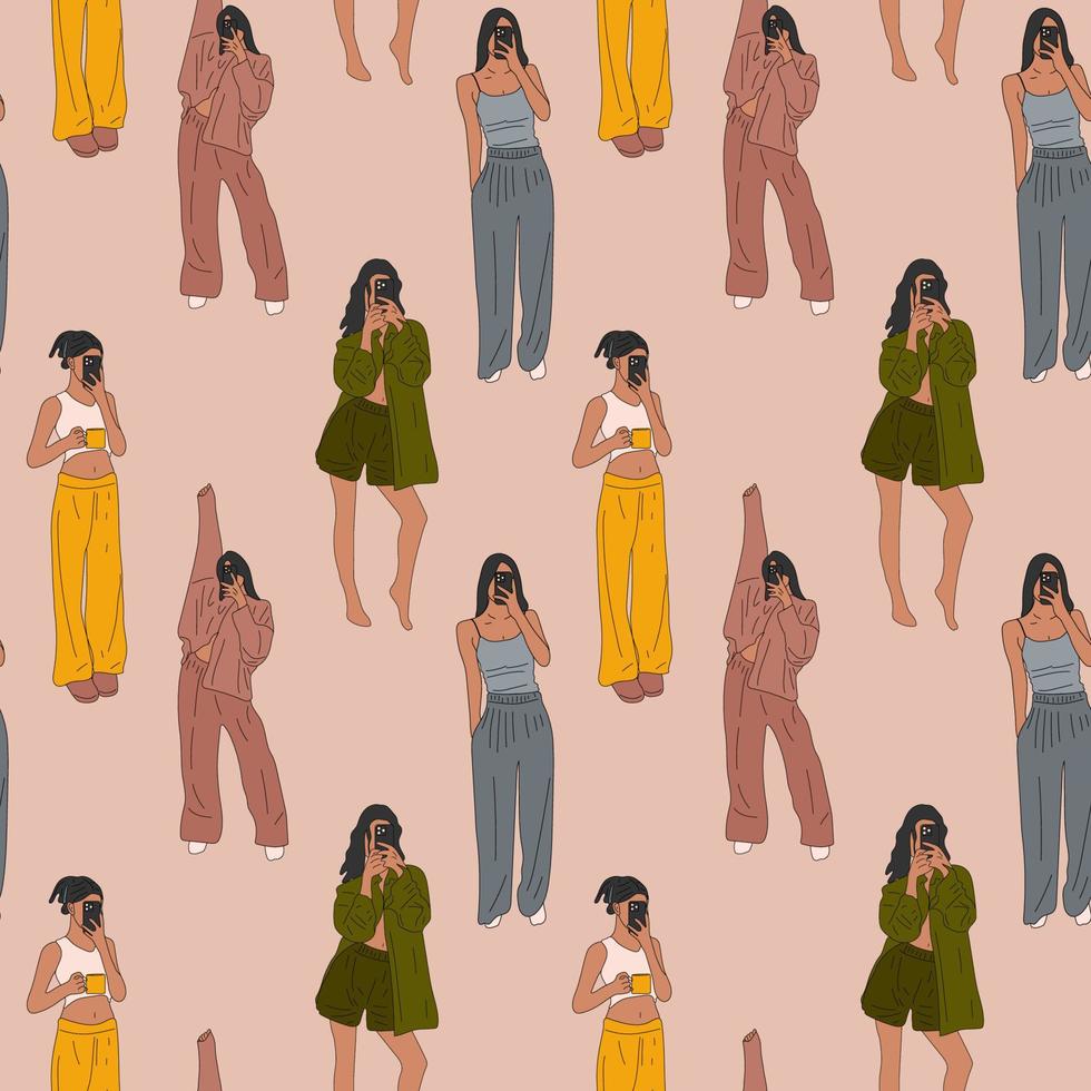 Seamless pattern with Set  Beautiful young women taking selfie in pajamas. Hand drawn vector illustration. Cartoon style.