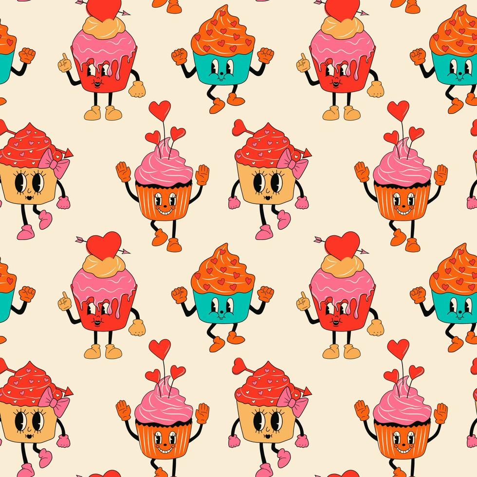 Seamless pattern with Retro set cupcake 30s cartoon mascots characters -. 40s, 50s, 60s old animation style.Valentine's Day cupcake style vector. Happy, smile emotions. vector