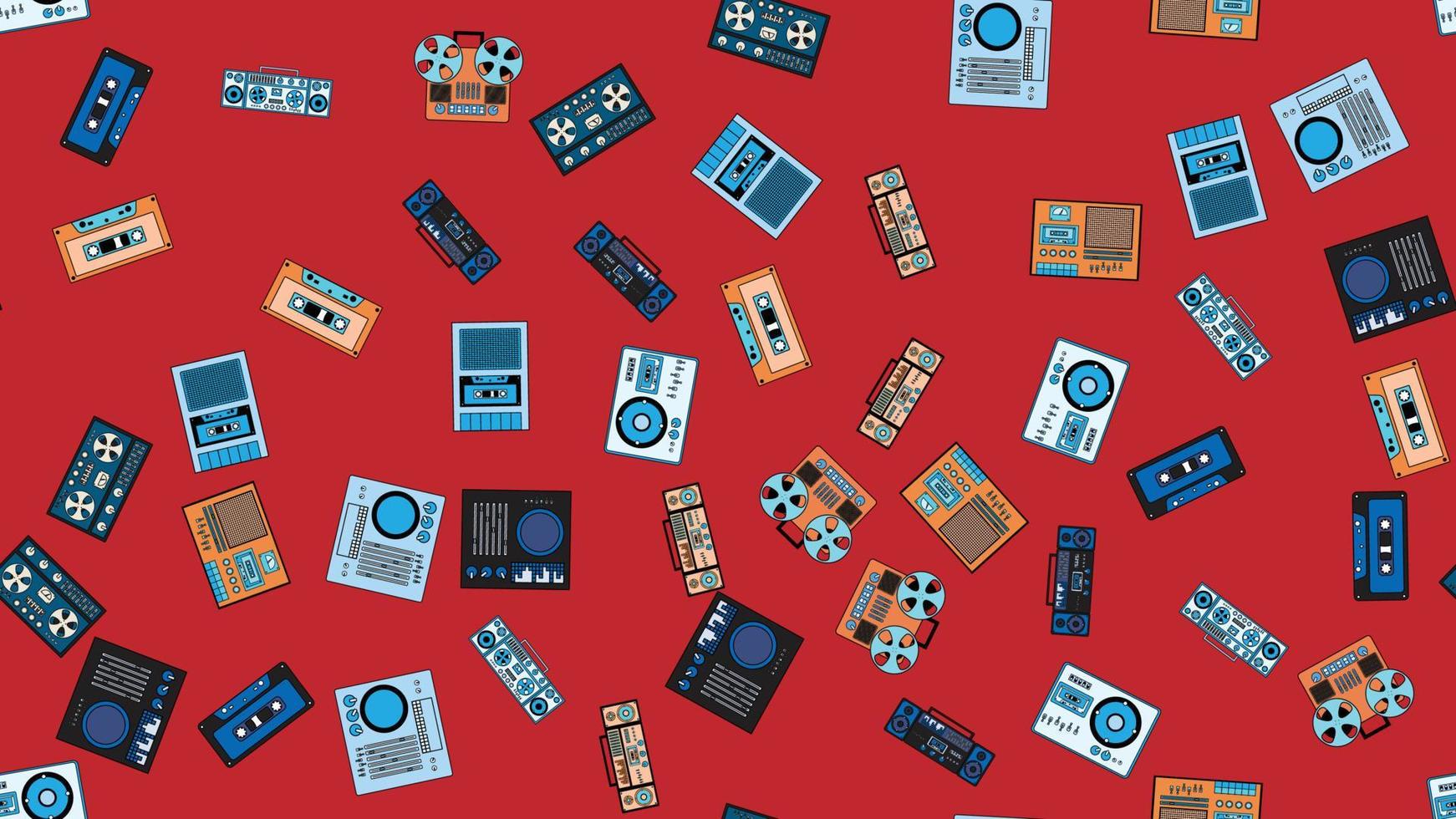 Seamless pattern endless with music audio tech electronics equipment old retro vintage hipster from 70s, 80s, 90s isolated on red background. Vector illustration