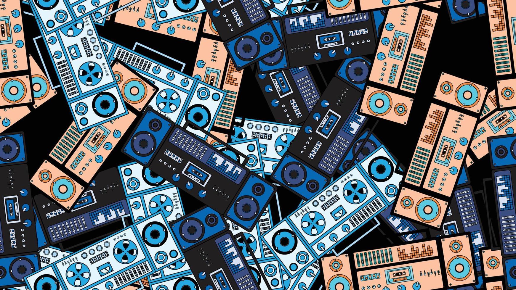 Seamless pattern endless with music audio cassette old retro tape recorders vintage hipster from 70s, 80s, 90s isolated on blue background. Vector illustration