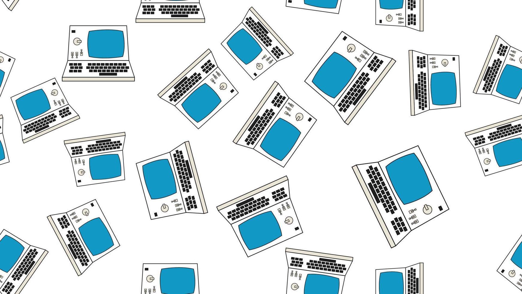 Seamless pattern endless computer with old retro computers, pc and vintage white hipster floppy disks from 70s, 80s, 90s isolated on white background. Vector illustration