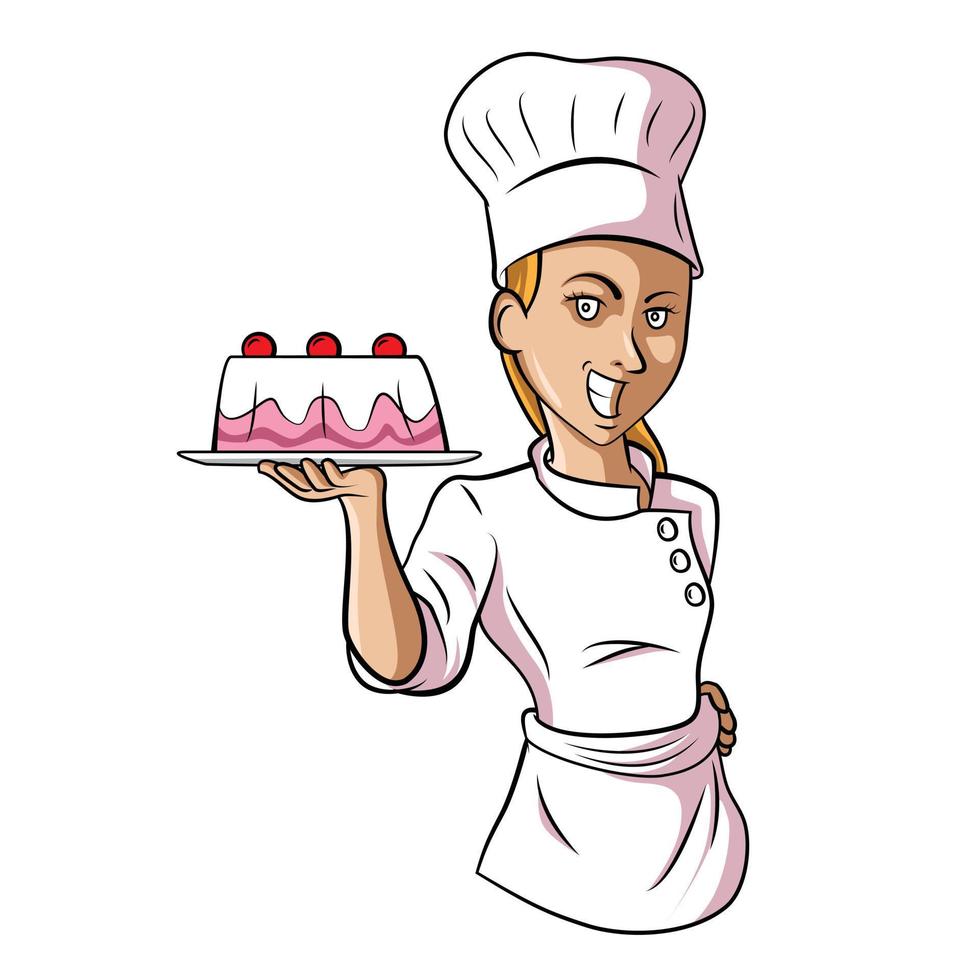 chef mujer con ilustración de pastel vector