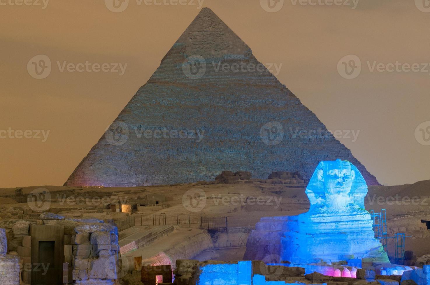 Giza Pyramid and Sphinx Light Show at Night - Cairo, Egypt photo