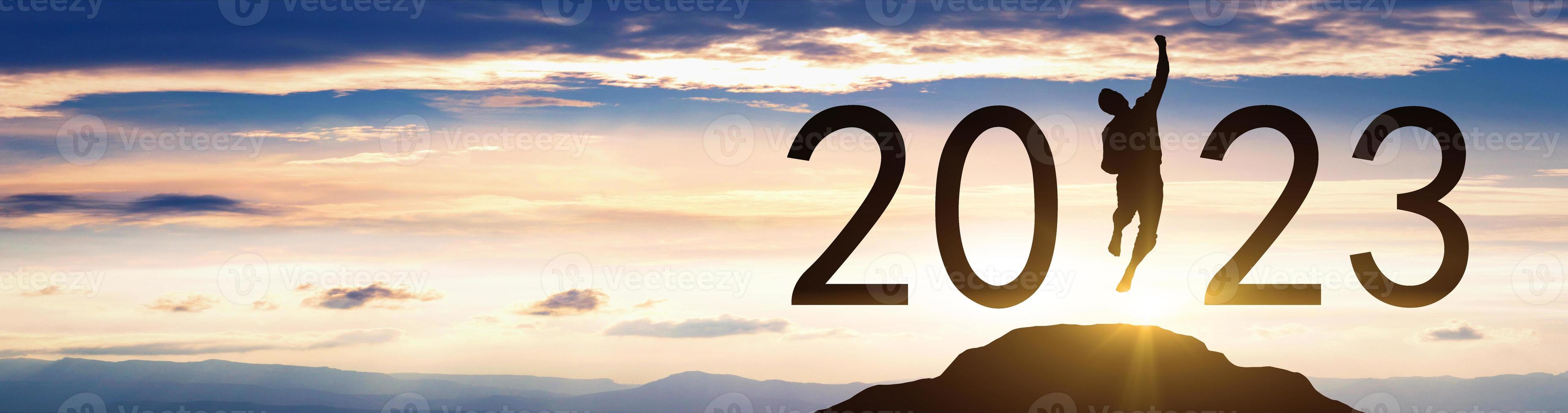 Happy New Year Background. Successful jump to the year 2023. photo