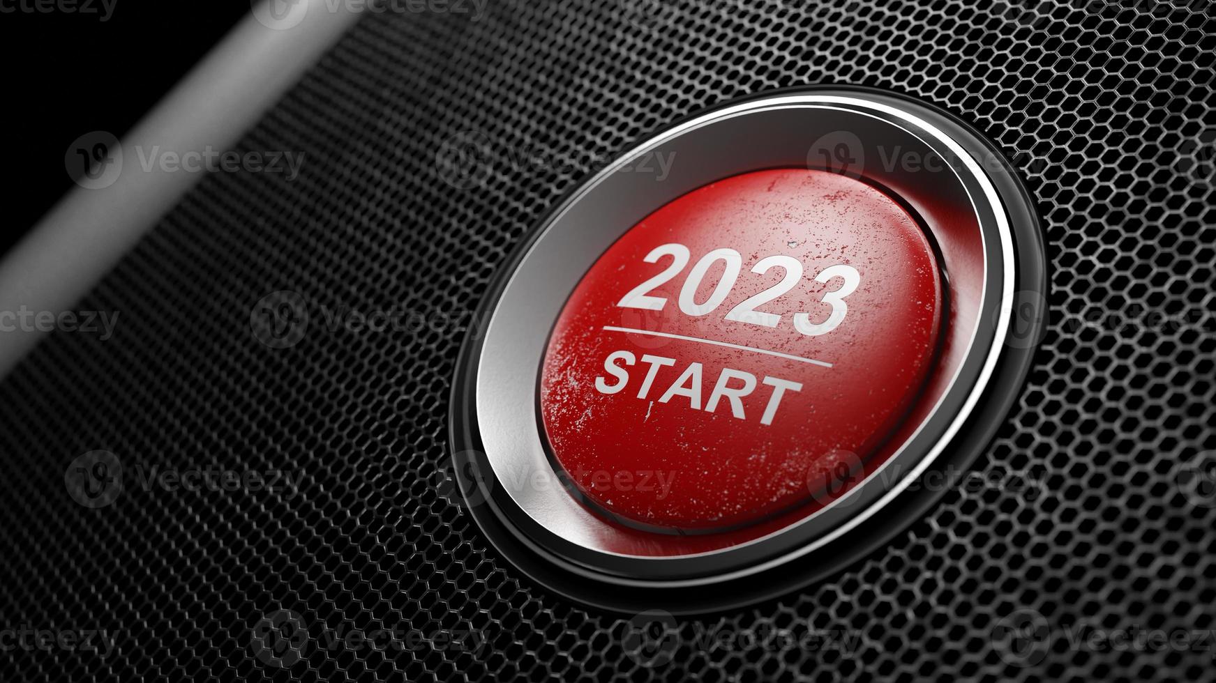 Start 2023. Happy New Year button. 3D illustration photo