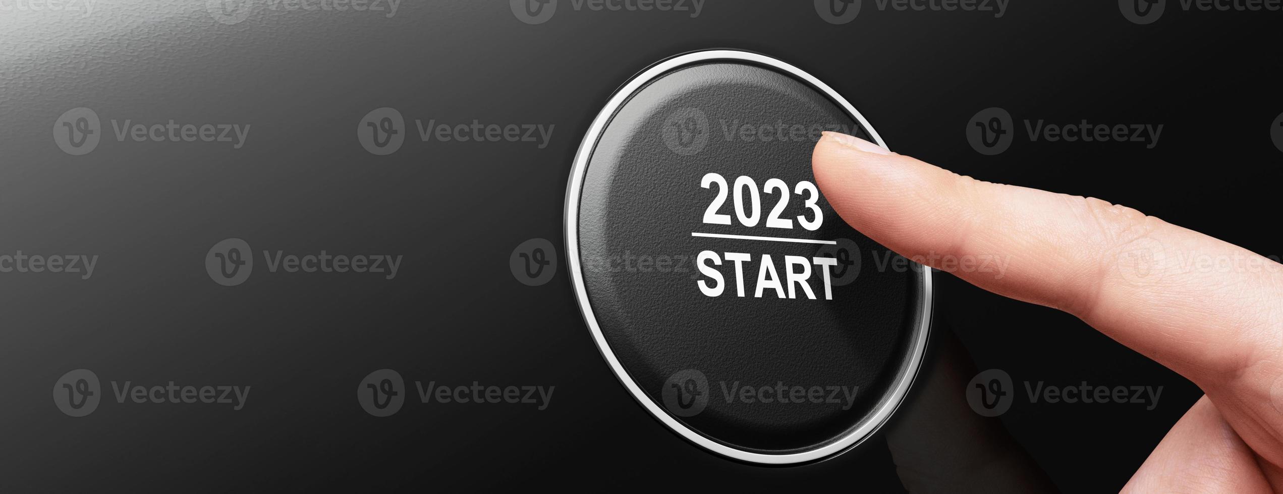 Start 2023. Happy New Year button. 3D illustration photo