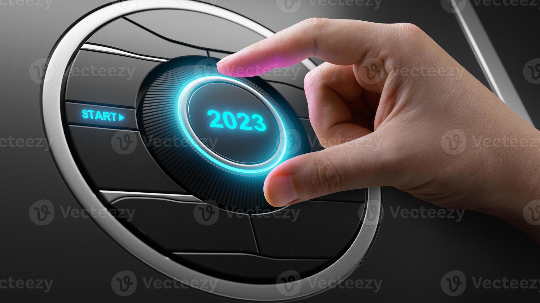 Start 2023. Happy New Year button. 3D illustration photo