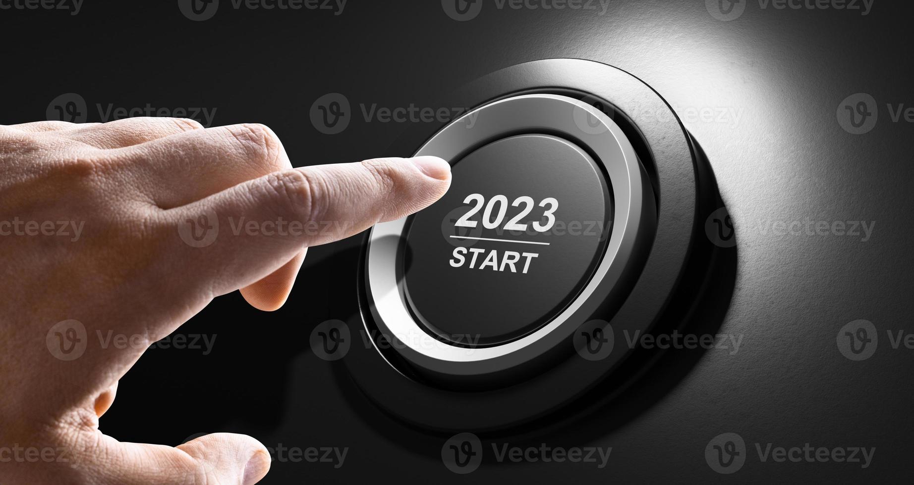 Start 2023. Happy New Year button. 3D illustration photo