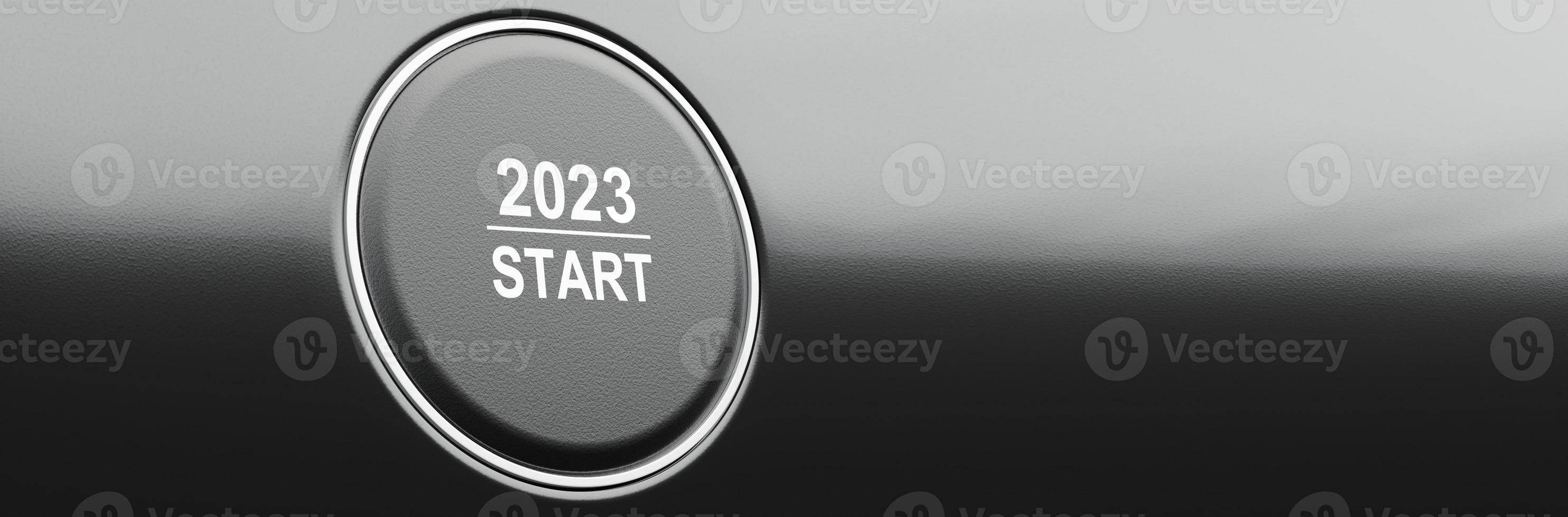 Start 2023. Happy New Year button. 3D illustration photo