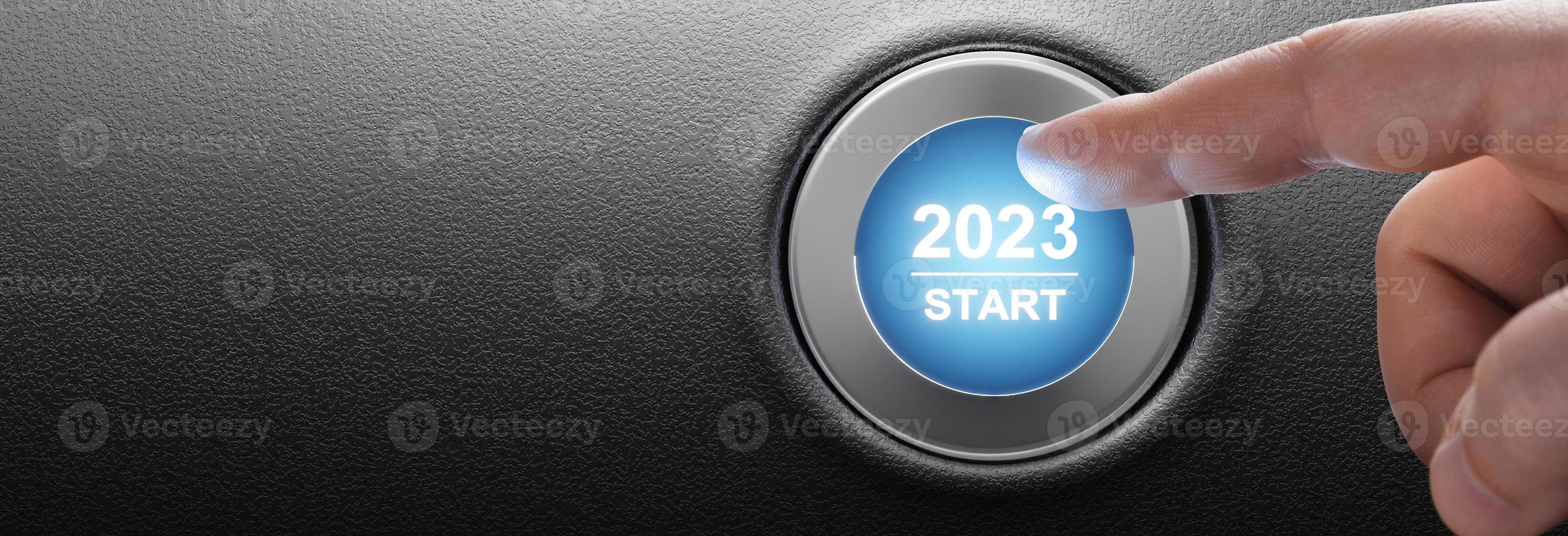 Start 2023. Happy New Year button. 3D illustration photo