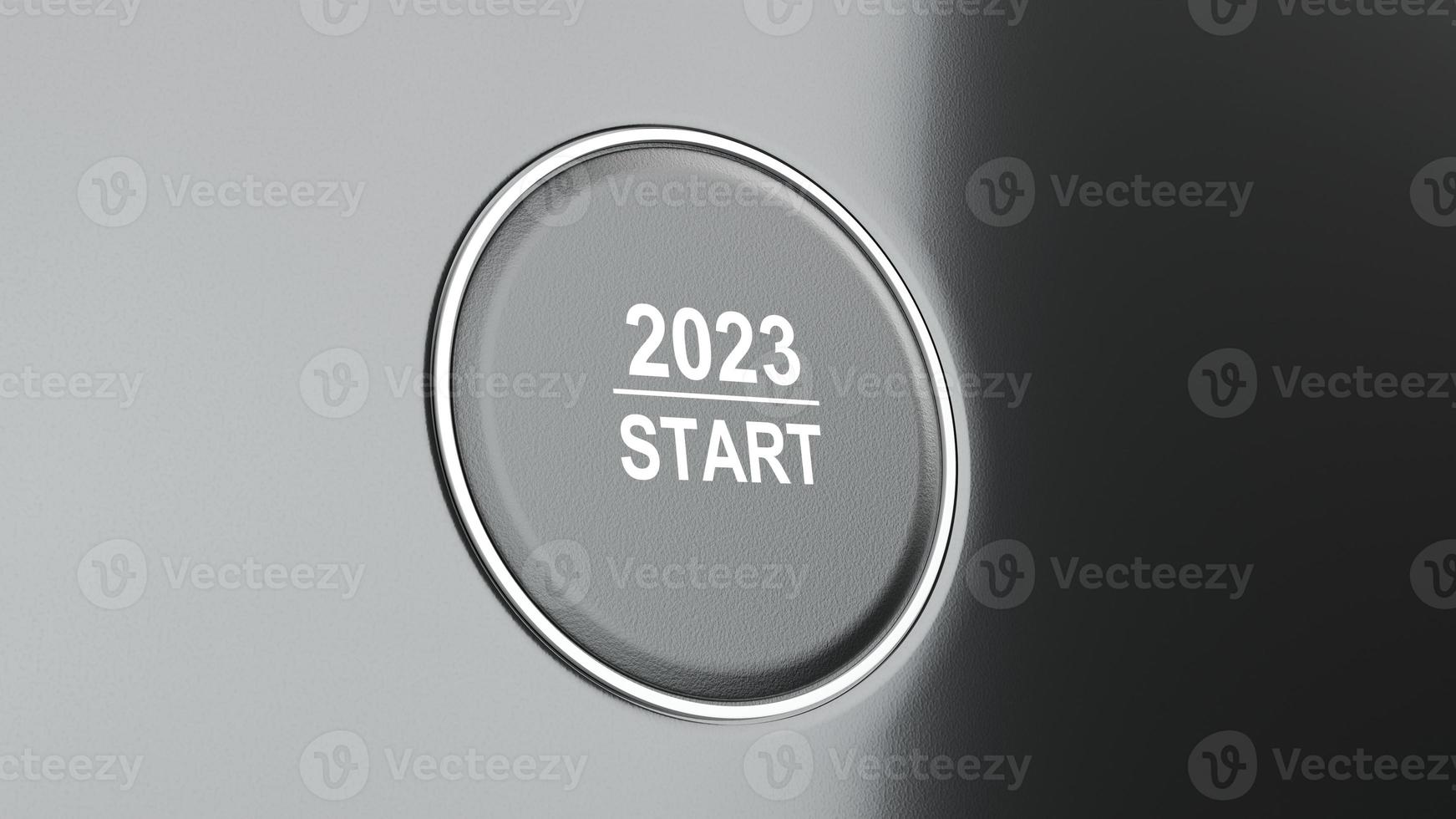 Start 2023. Happy New Year button. 3D illustration photo