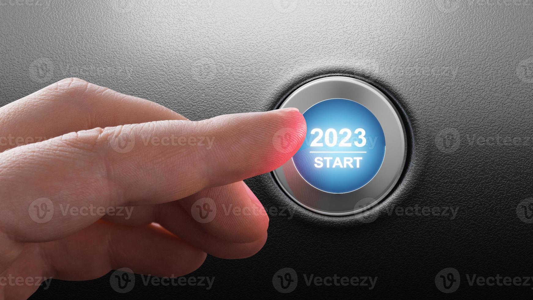 Start 2023. Happy New Year button. 3D illustration photo