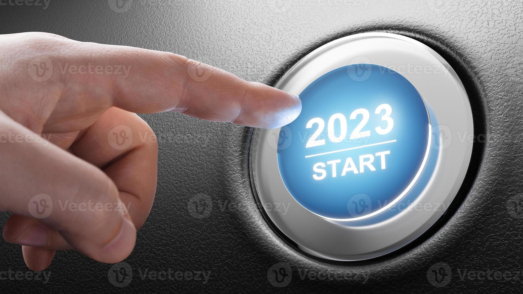 Start 2023. Happy New Year button. 3D illustration photo