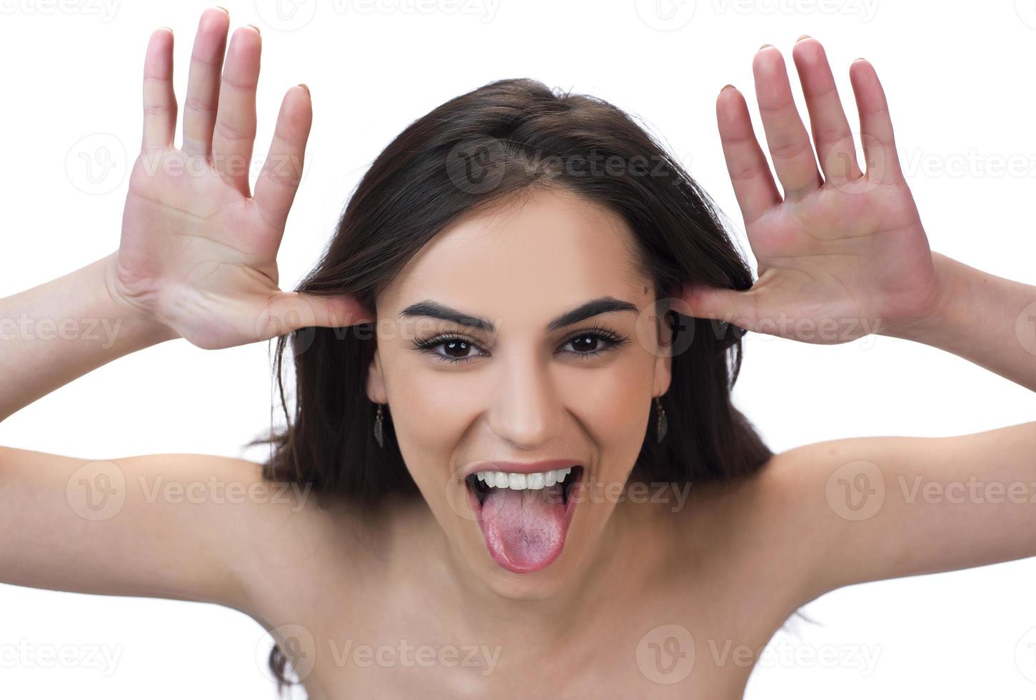 woman with weird expression isolated on white photo