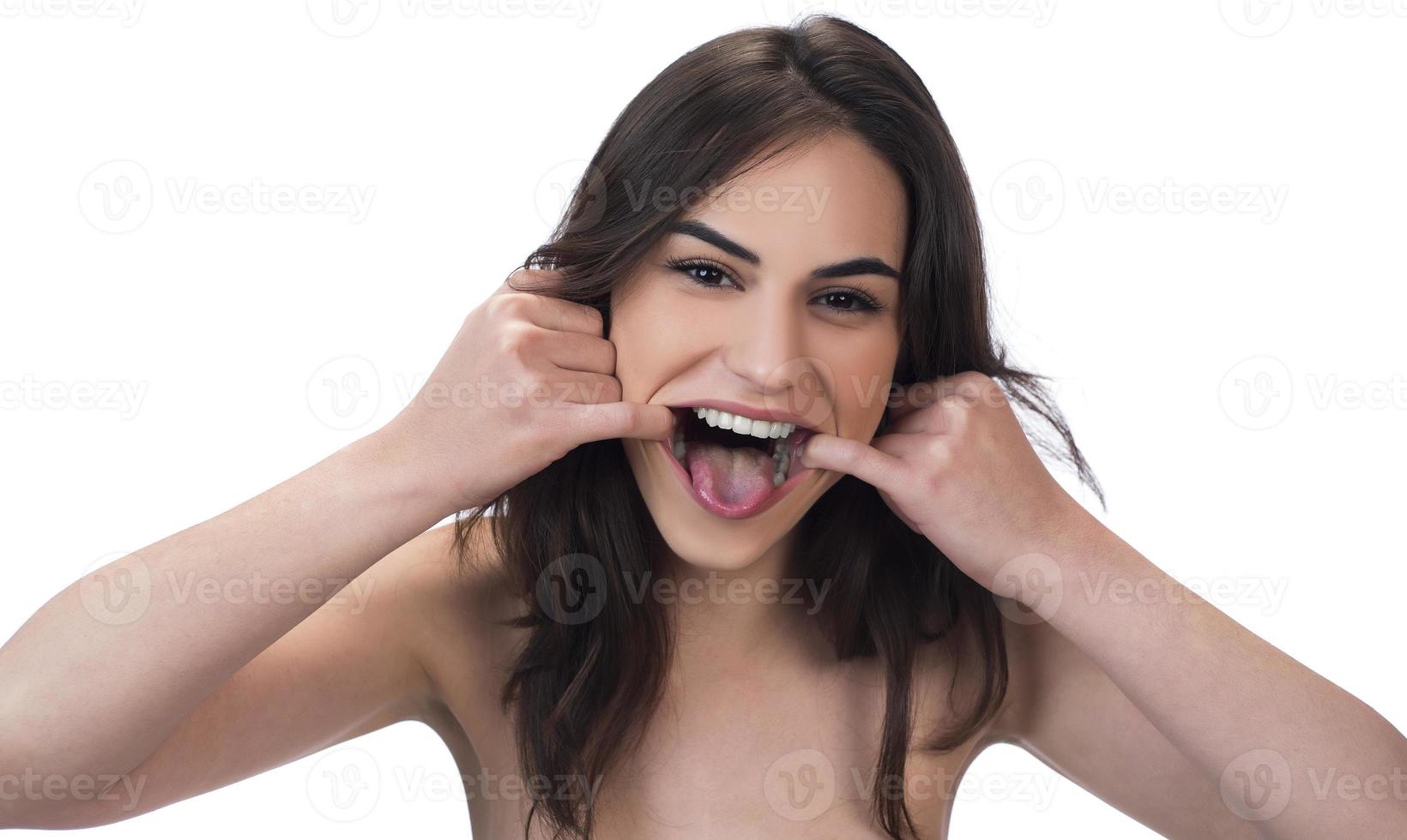 woman with weird expression isolated on white photo