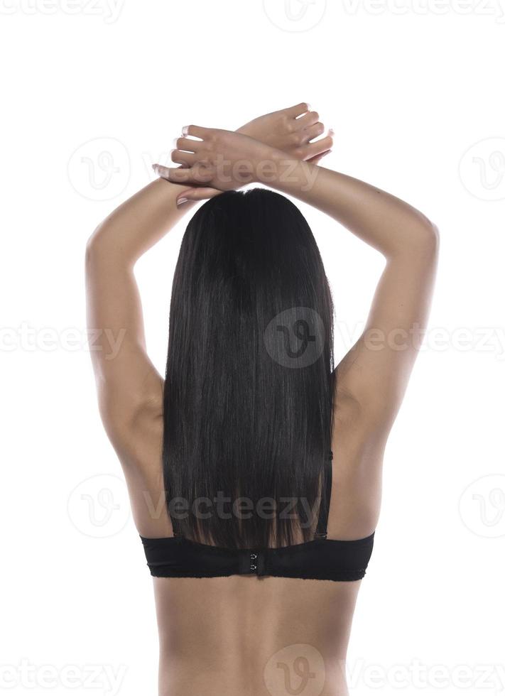 Beautiful smooth long black hair woman portrait isolated on white photo