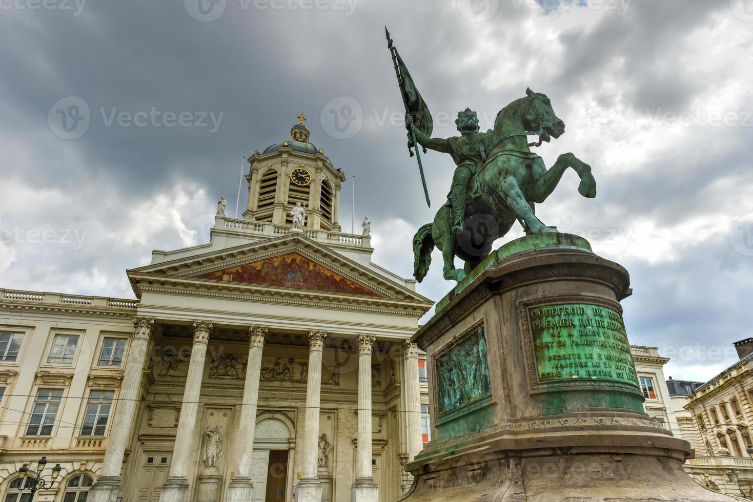 Coudenberg, the former Palace of Brussels, Belgium. The statue of Godfrey, Duc of Bouillon and Church of Saint Jacques-sur-Coudenberg in Royal Square. photo