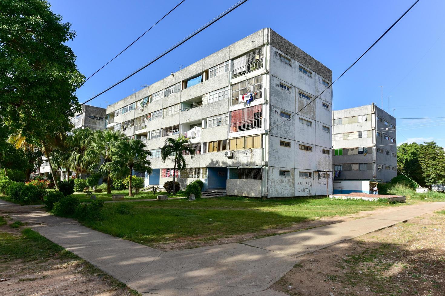 Building in Alamar, a district in the eastern part of Havana in Cuba. This district is primarily prefabrication construction of Soviet-style architecture, 2022 photo