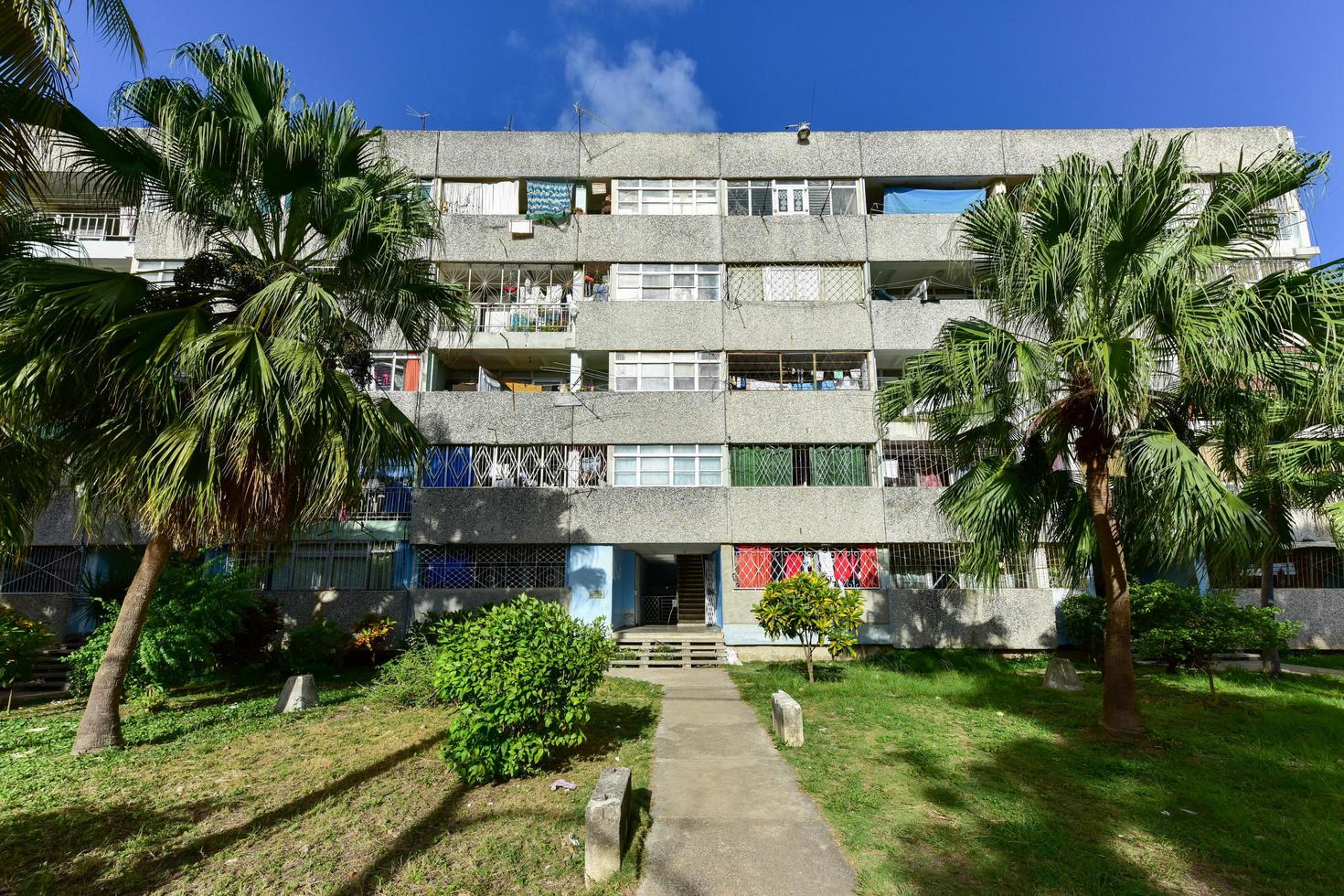 Building in Alamar, a district in the eastern part of Havana in Cuba. This district is primarily prefabrication construction of Soviet-style architecture, 2022 photo