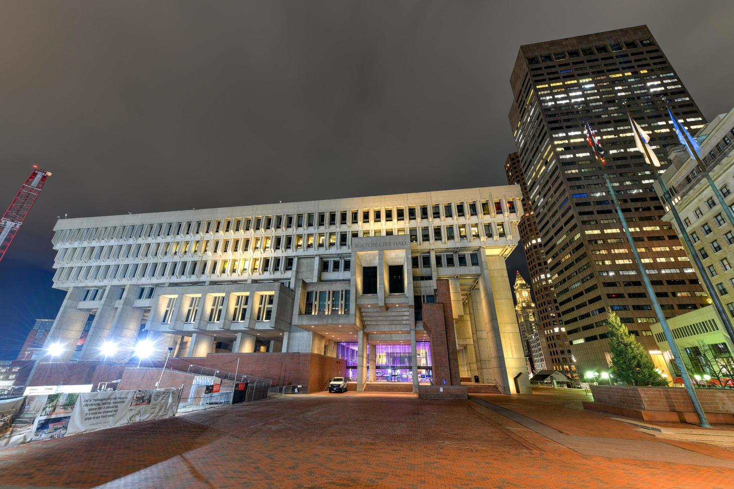 Boston, MA - Nov 27, 2020 -  Boston City Hall in Government Center built in the Brutalist style, shown in the evening. photo