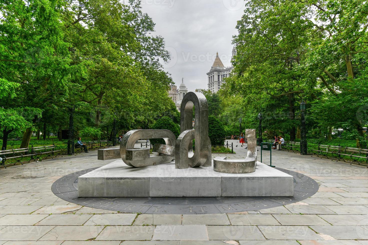 New York - June 13, 2021 -  Song of the Broken Chains exhibited in City Hall Park, made of welded stainless steel, by Melvin Edwards. photo
