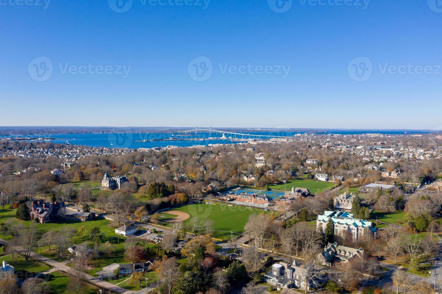 Newport, RI - Nov 29, 2020 -  Skyline view of Newport Rhode Island with the Claiborne Pell Newport Bridge in the distance. photo