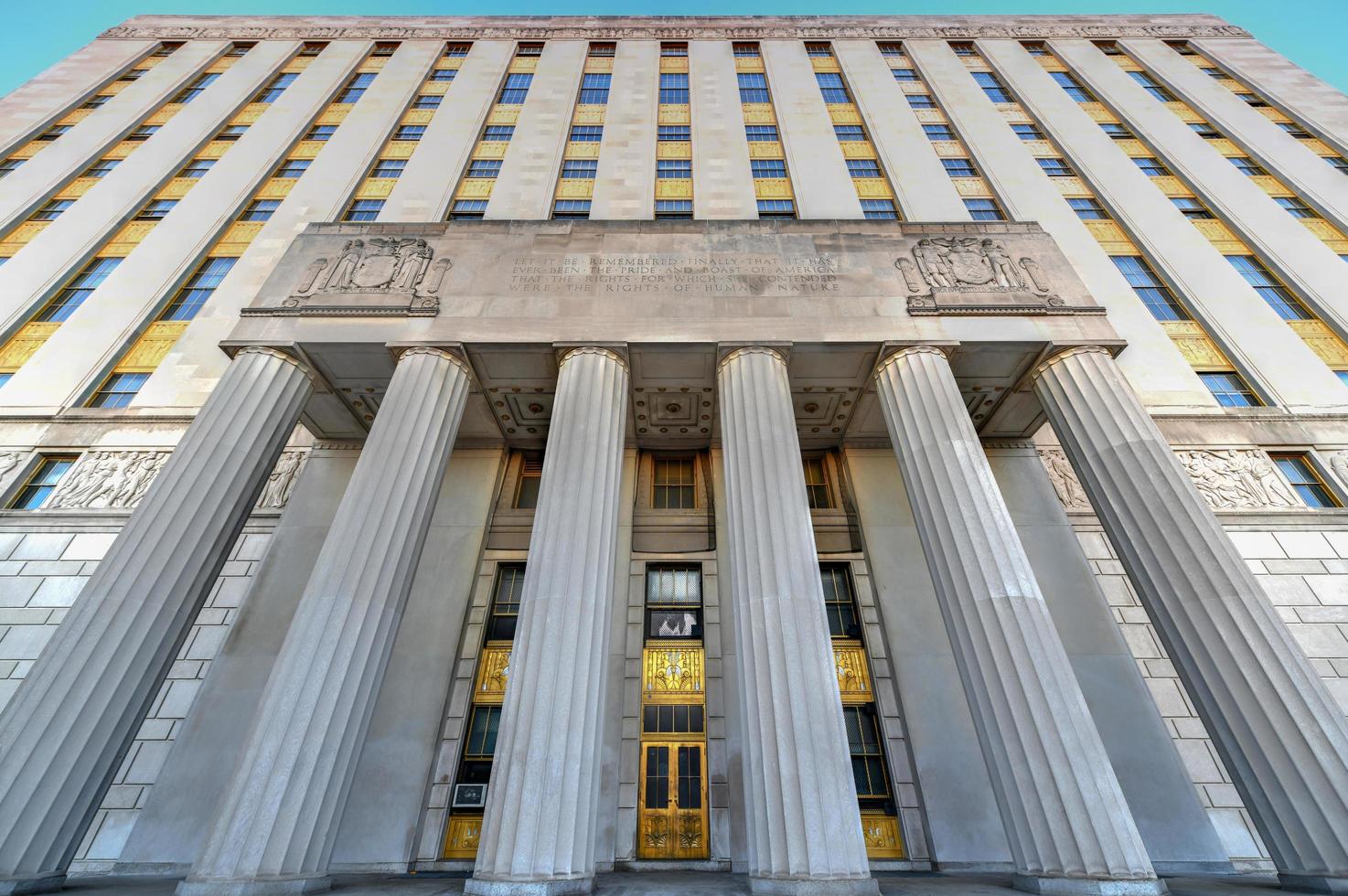 Bronx County Courthouse, also known as the Mario Merola Building, is a historic courthouse building located in the Concourse and Melrose neighborhoods of the Bronx in New York City, 2022 photo