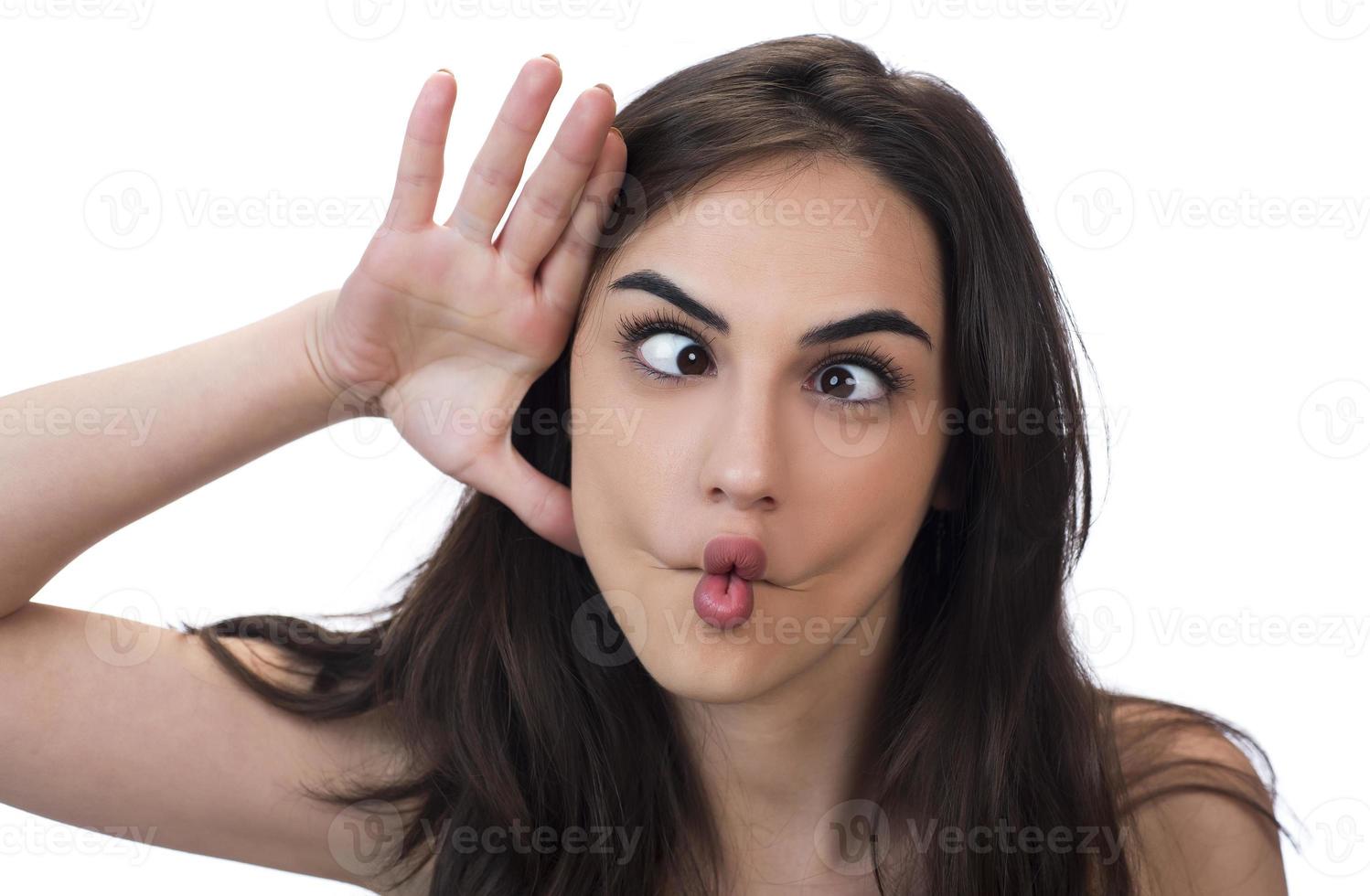woman with weird expression isolated on white photo