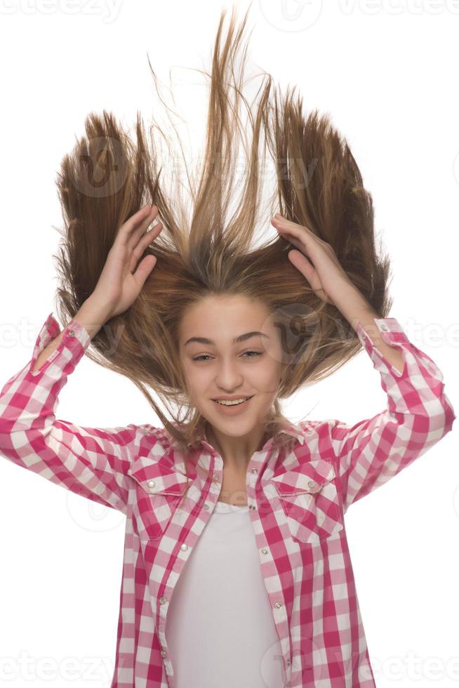 Profile photo of attractive model lady look demonstrate ideal neat long healthy hairstyle flying on air after lamination procedure