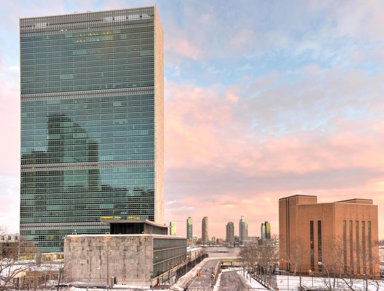 United Nations headquarters in New York City, USA in the winter at sunset, 2022 photo