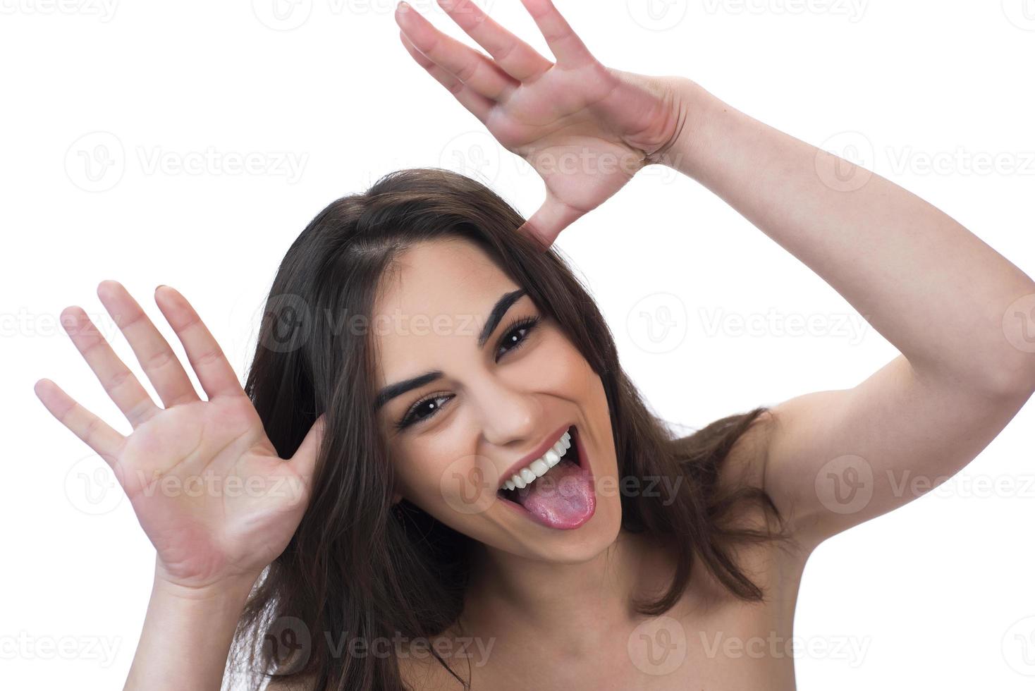 woman with weird expression isolated on white photo