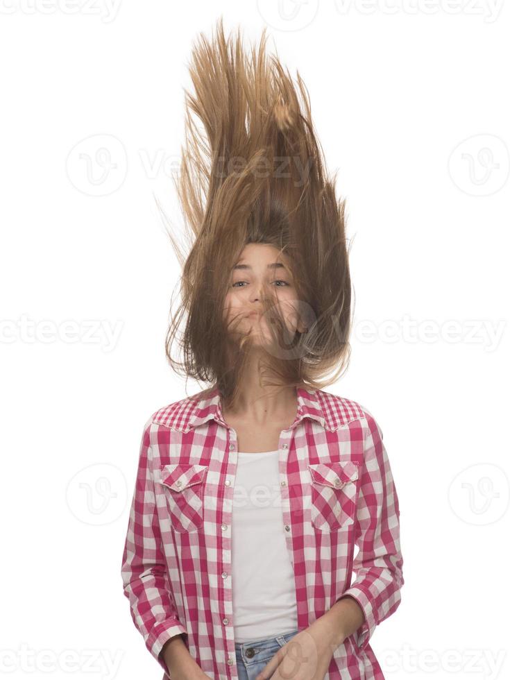 Profile photo of attractive model lady look demonstrate ideal neat long healthy hairstyle flying on air after lamination procedure