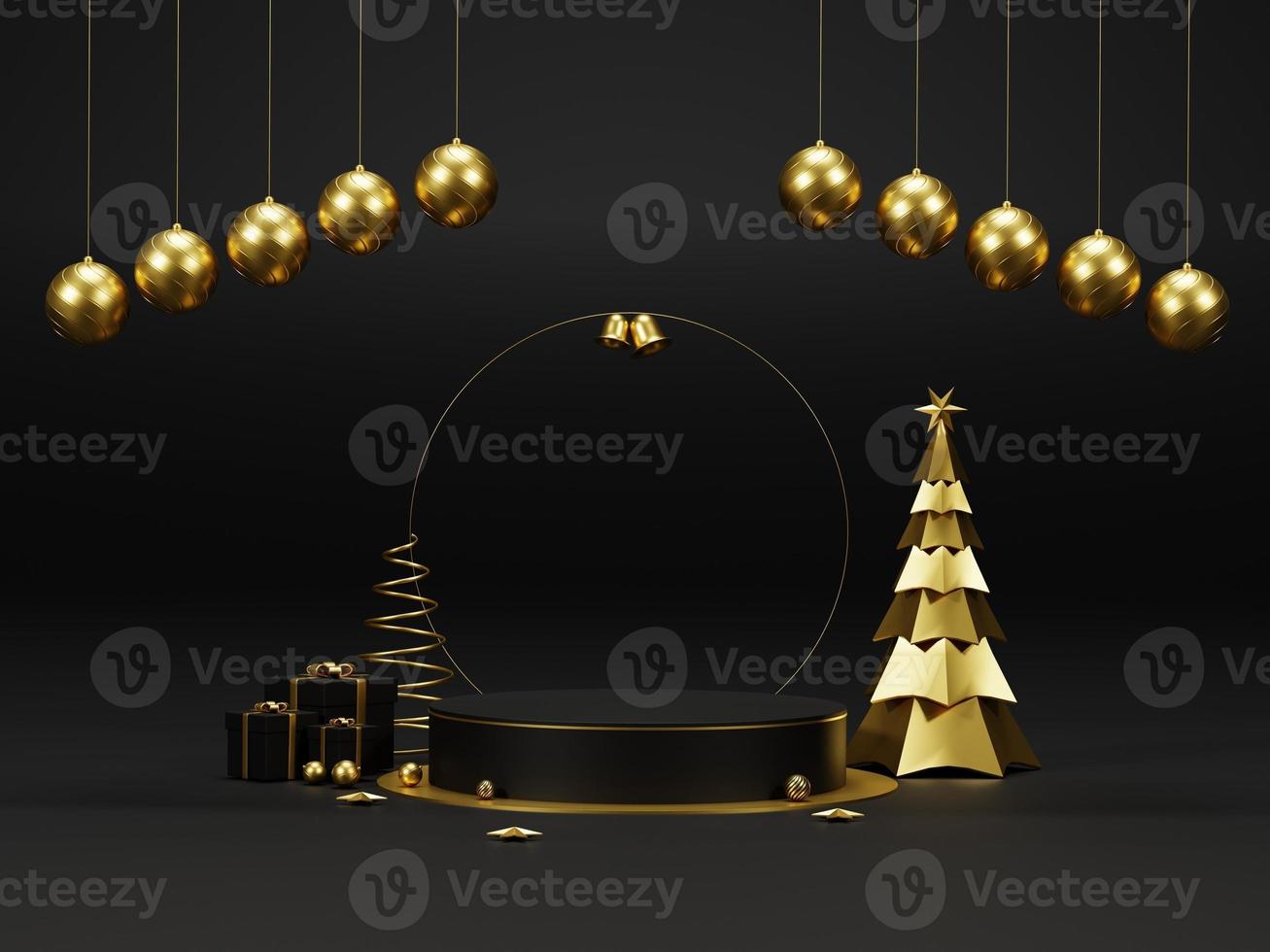Background 3d render Christmas and new year gold and black colors Background. 3d design Christmas and new year luxury background. Merry Christmas and Happy New Year concept. 3D illustration photo