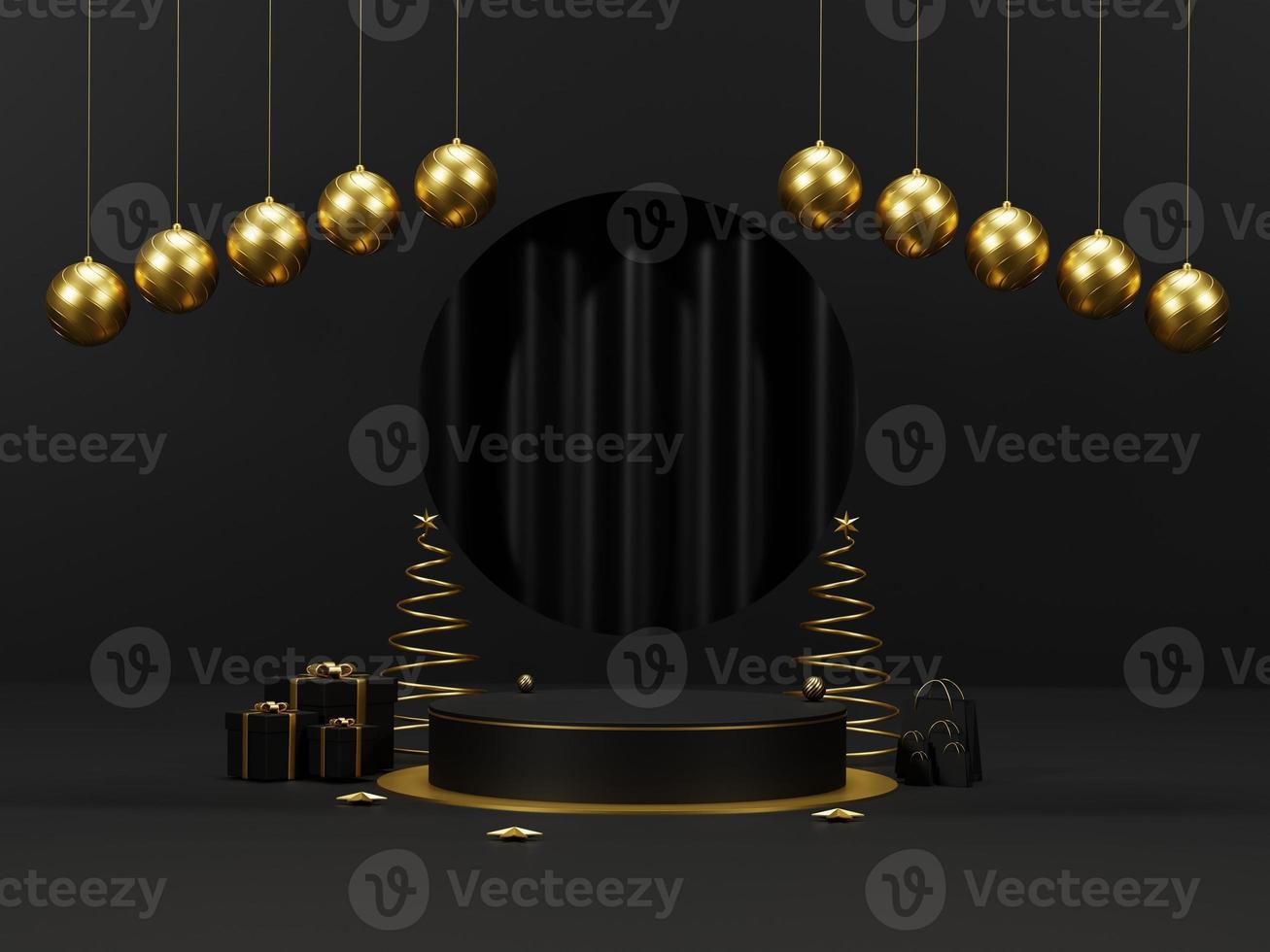 Background 3d render Christmas and new year gold and black colors Background. 3d design Christmas and new year luxury background. Merry Christmas and Happy New Year concept. 3D illustration photo