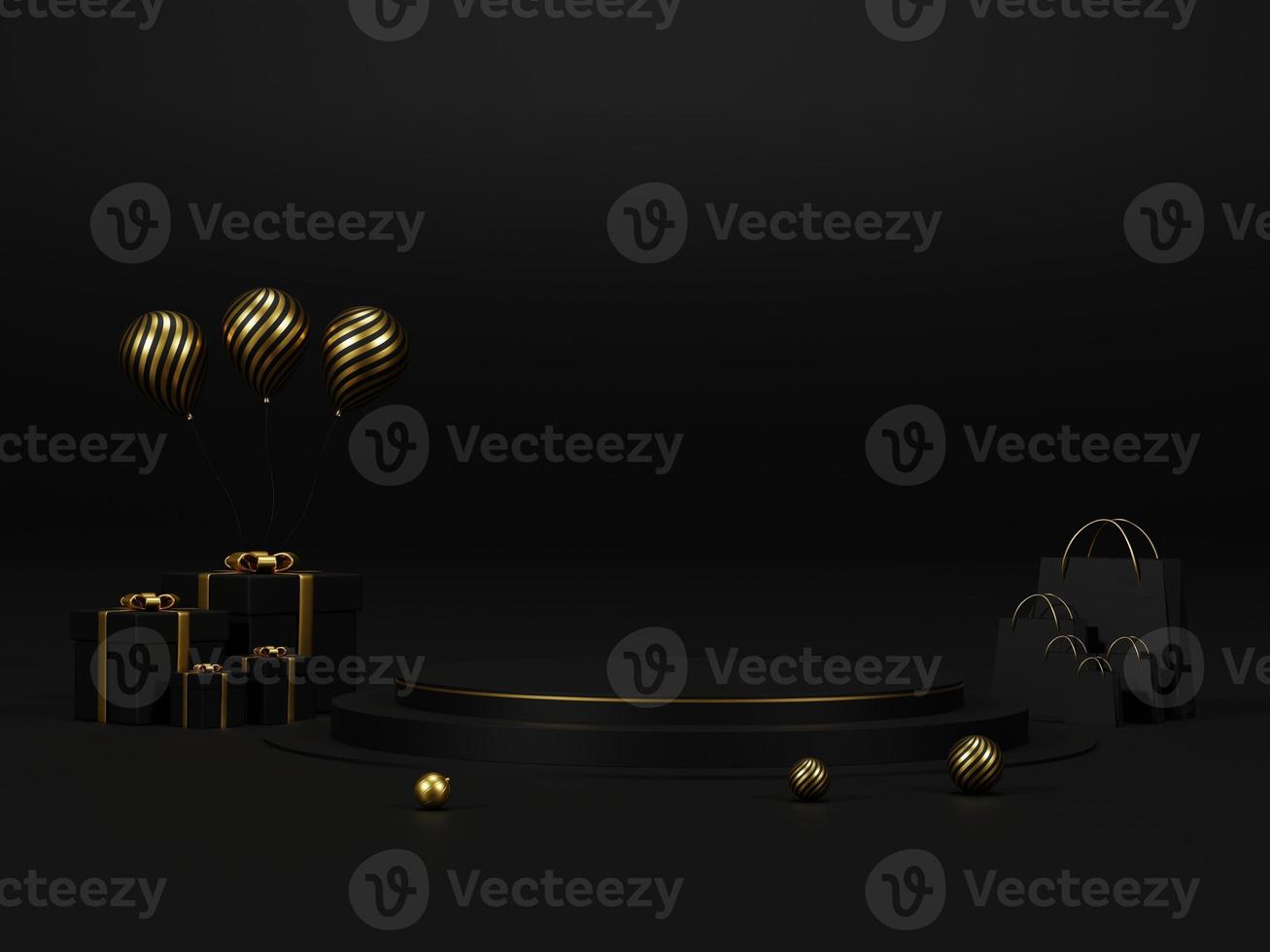 Background 3d rendering for Christmas and new year with gold and black colors Background. Gift box with balloon and circle podium on gold and black colors . 3D illustration background. photo