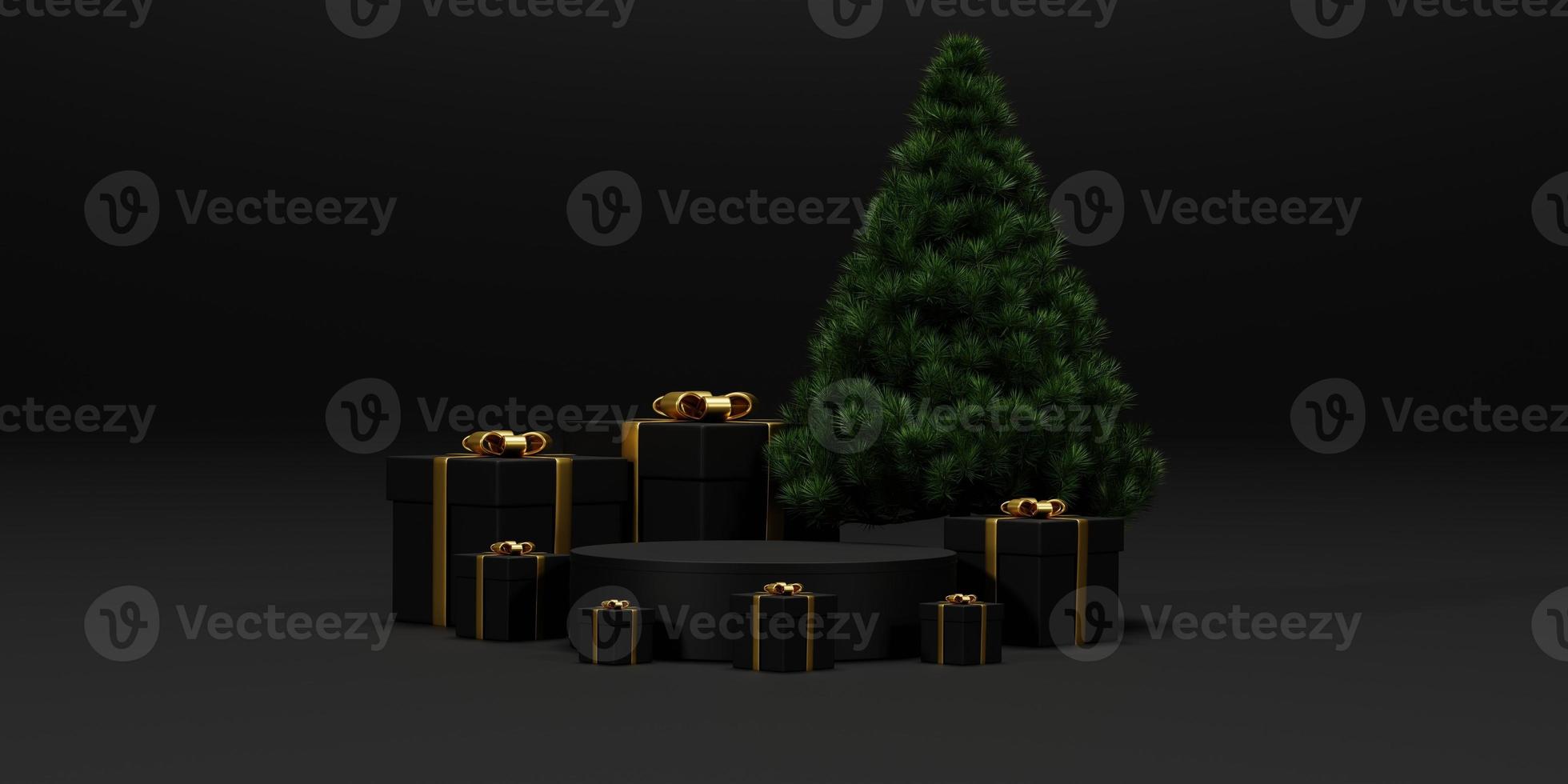 representación 3d de fondo para navidad y año nuevo con fondo de colores dorado y negro. caja de regalo, pino, copo de nieve y podio circular en colores dorado y negro. fondo de ilustración 3d. foto