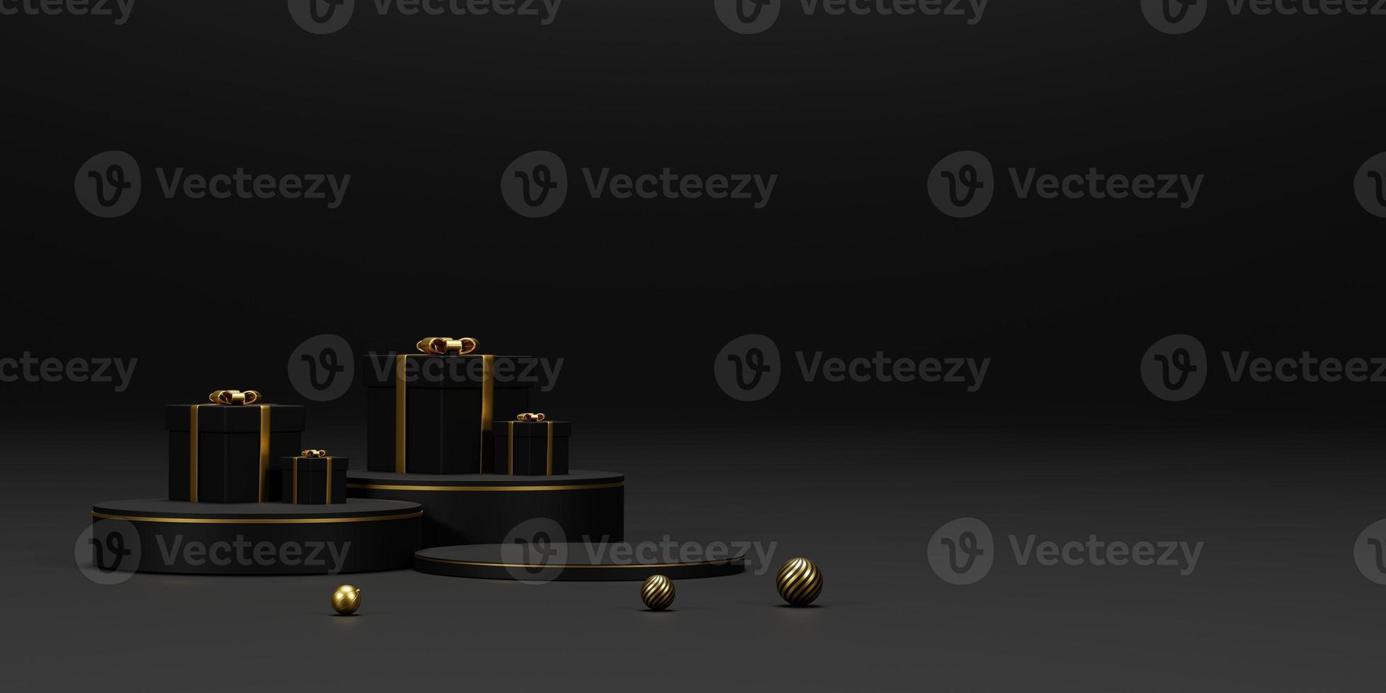 Background 3d rendering for Christmas and new year with gold and black colors Background. Gift box and circle podium on gold and black colors . 3D illustration background. photo