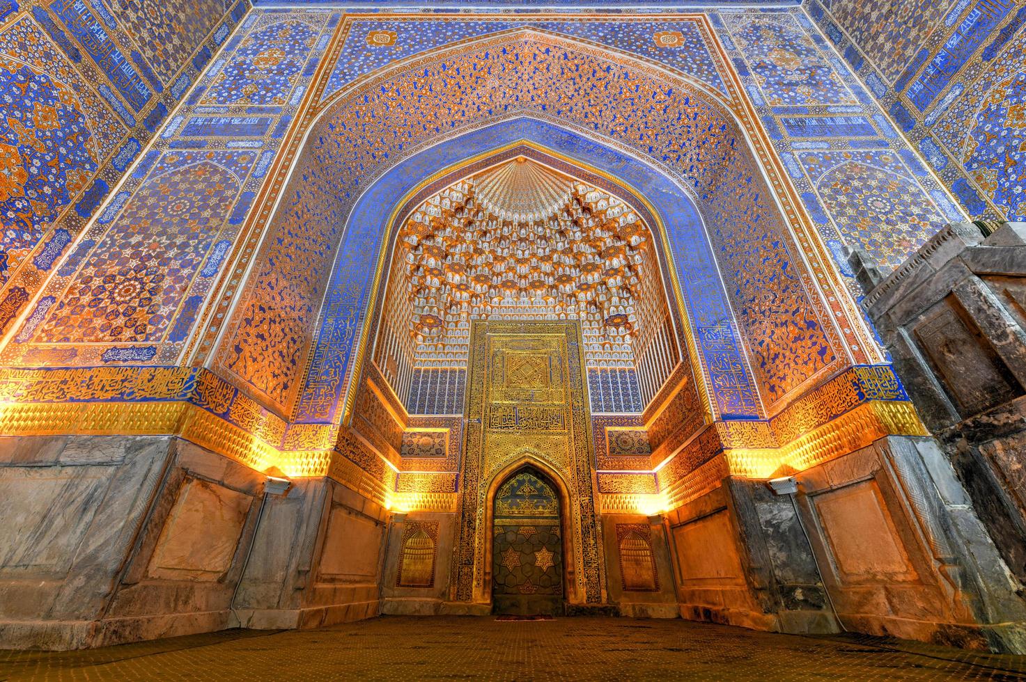 Golden ceiling of the Tilya-Kori Madrasah in the Registan of Samarkand, Uzbekistan, 2022 photo