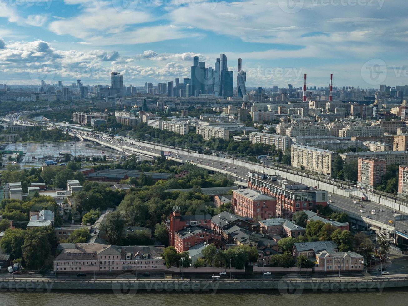 Aerial view of the city skyline in Moscow, Russia during the day. photo