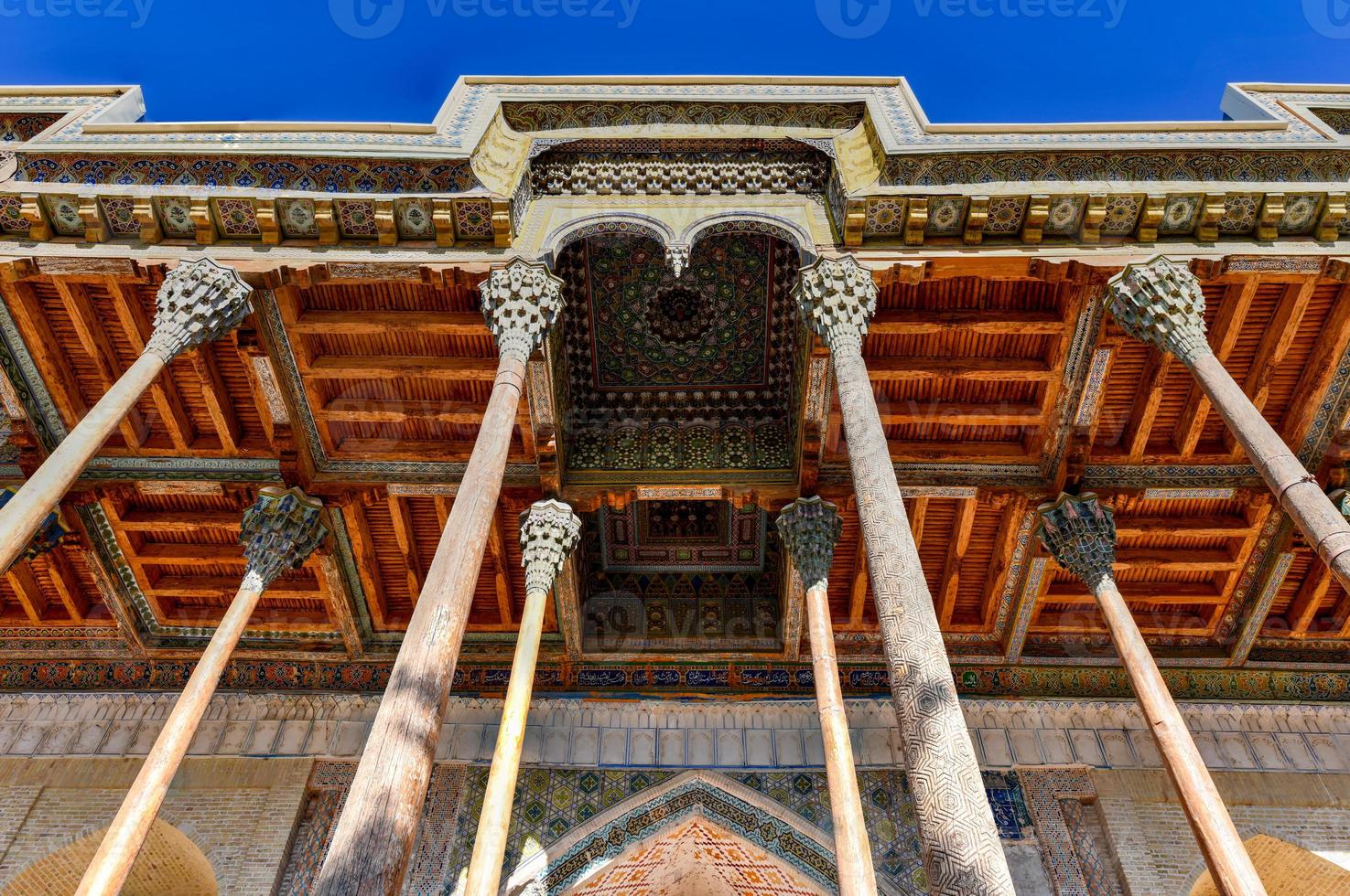 Bolo-Hauz mosque built in the 17th century, with wooden carved columns in Bukhara,  Uzbekistan. photo