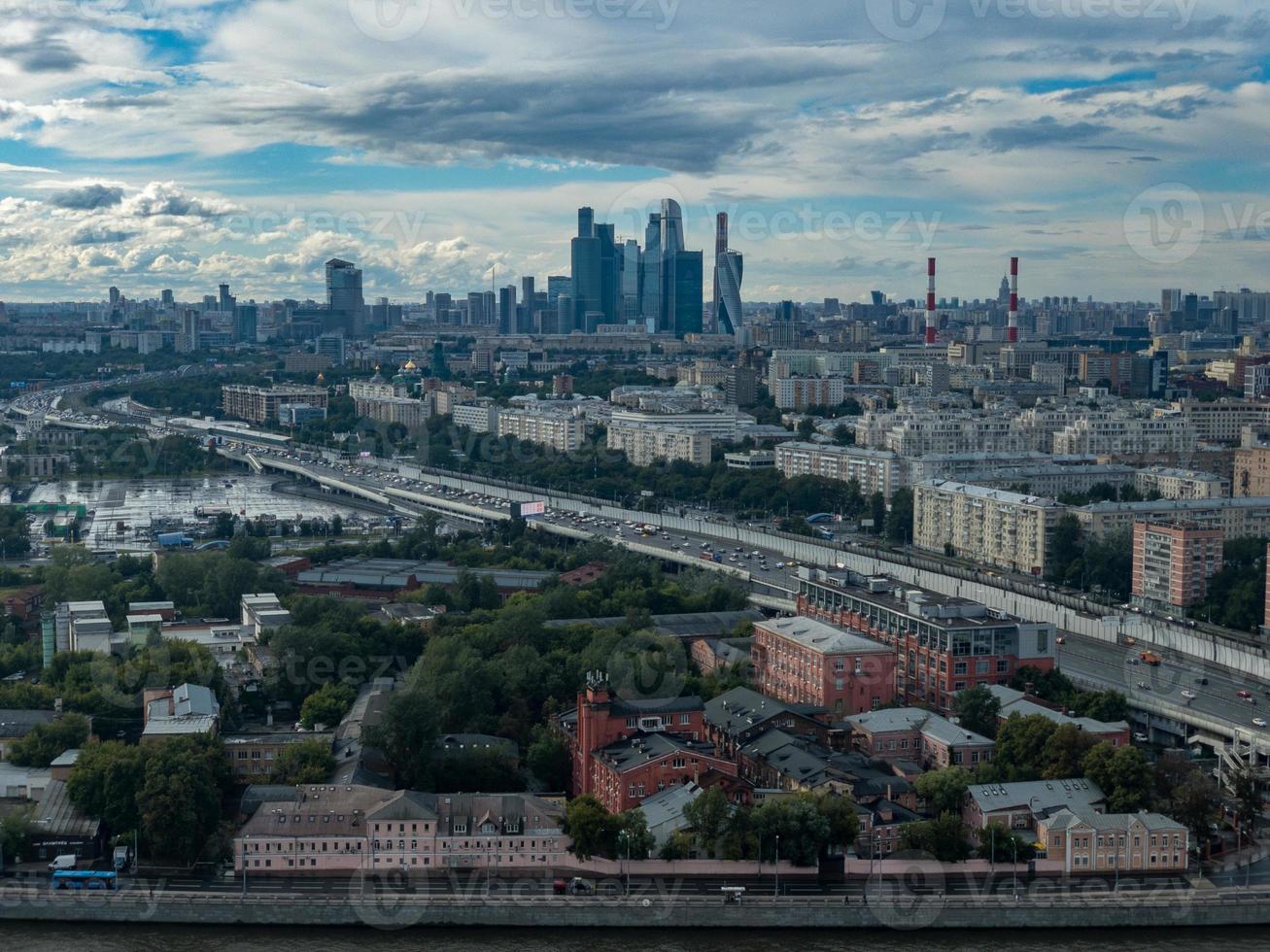 Aerial view of the city skyline in Moscow, Russia during the day. photo