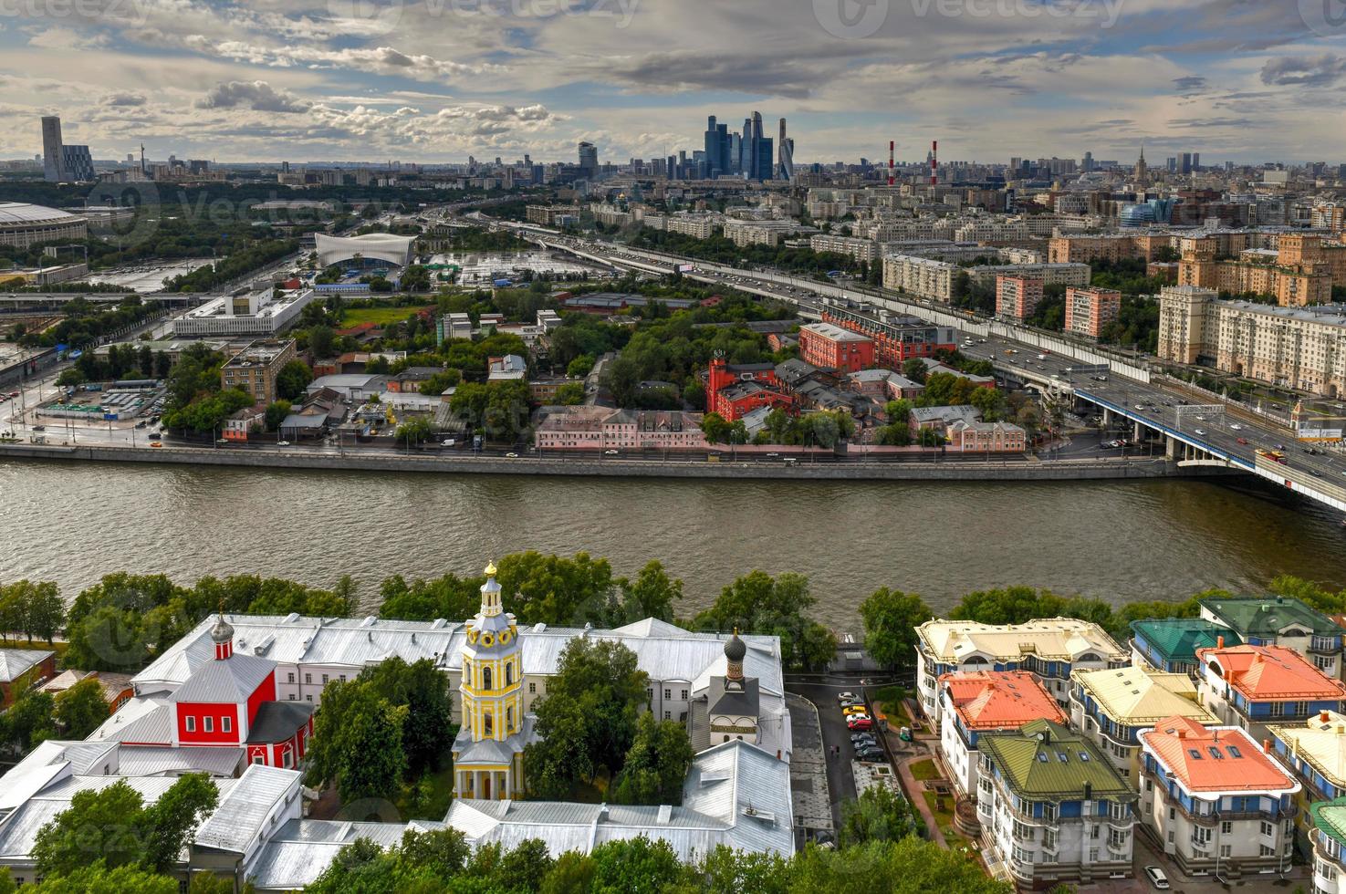 Aerial view of the city skyline in Moscow, Russia during the day. photo