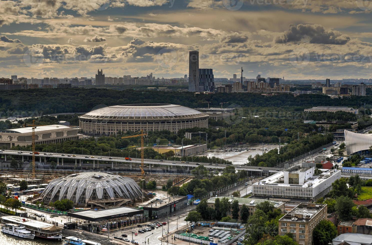 Aerial view of the city skyline in Moscow, Russia during the day. photo