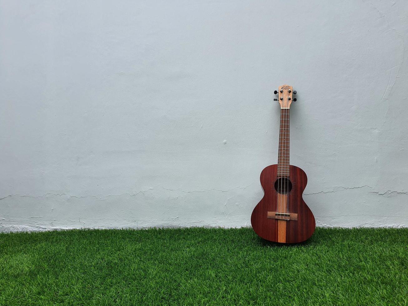 jakarta, indonesia en abril de 2022. este ukelele marrón oscuro de la marca my leho tiene buena calidad y un sonido fuerte y melodioso foto