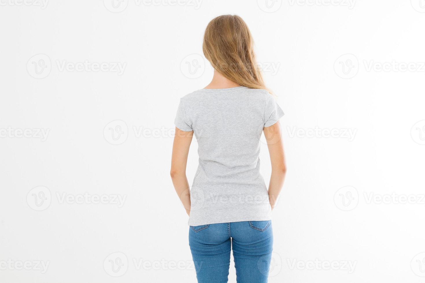 Woman in template blank t shirt isolated on white background. Back view. Mock up. Copy space. photo