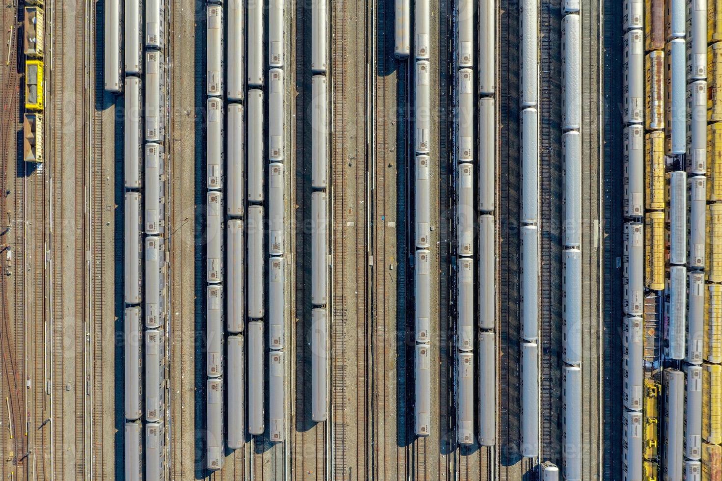 Aerial view of a depot for subway trains lined up. photo