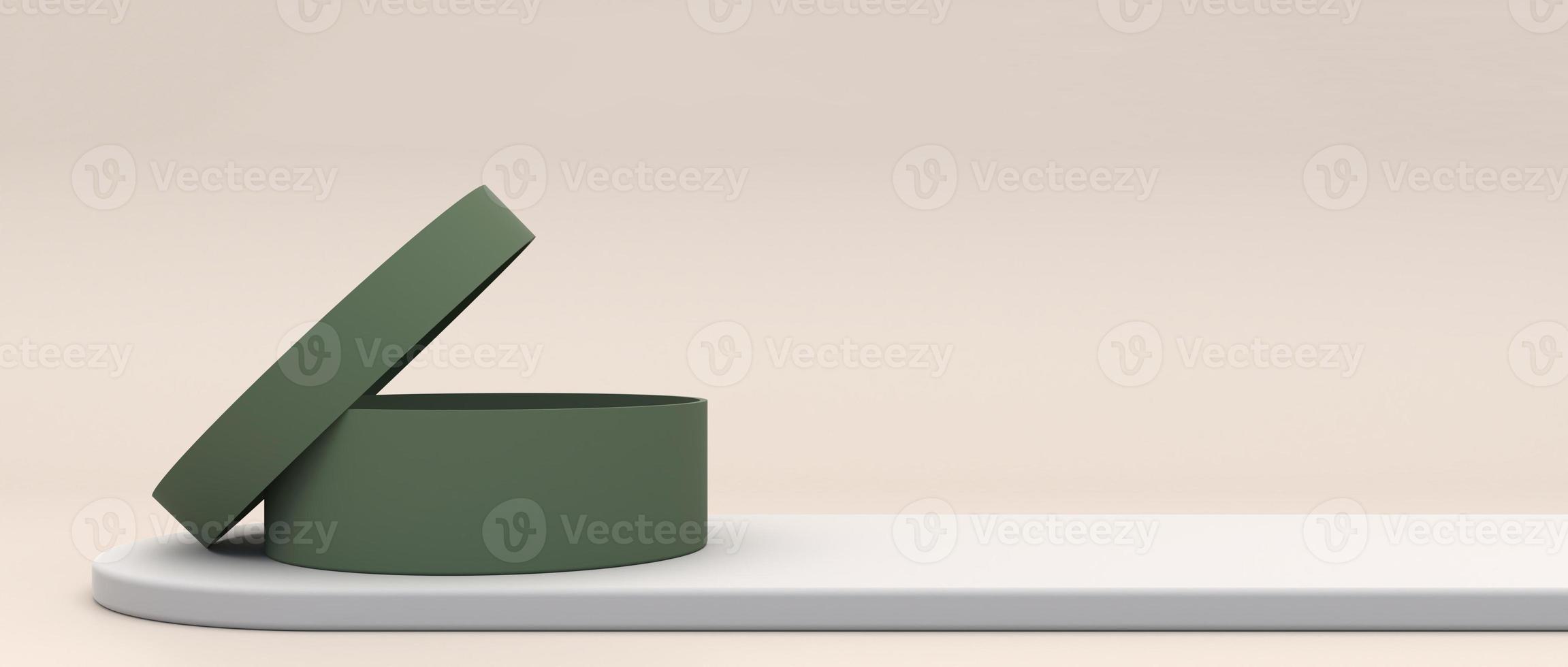 caja cilíndrica vacía verde en un podio de crema delgada para ideas de productos y espacio de copia de creatividad. representación 3d foto