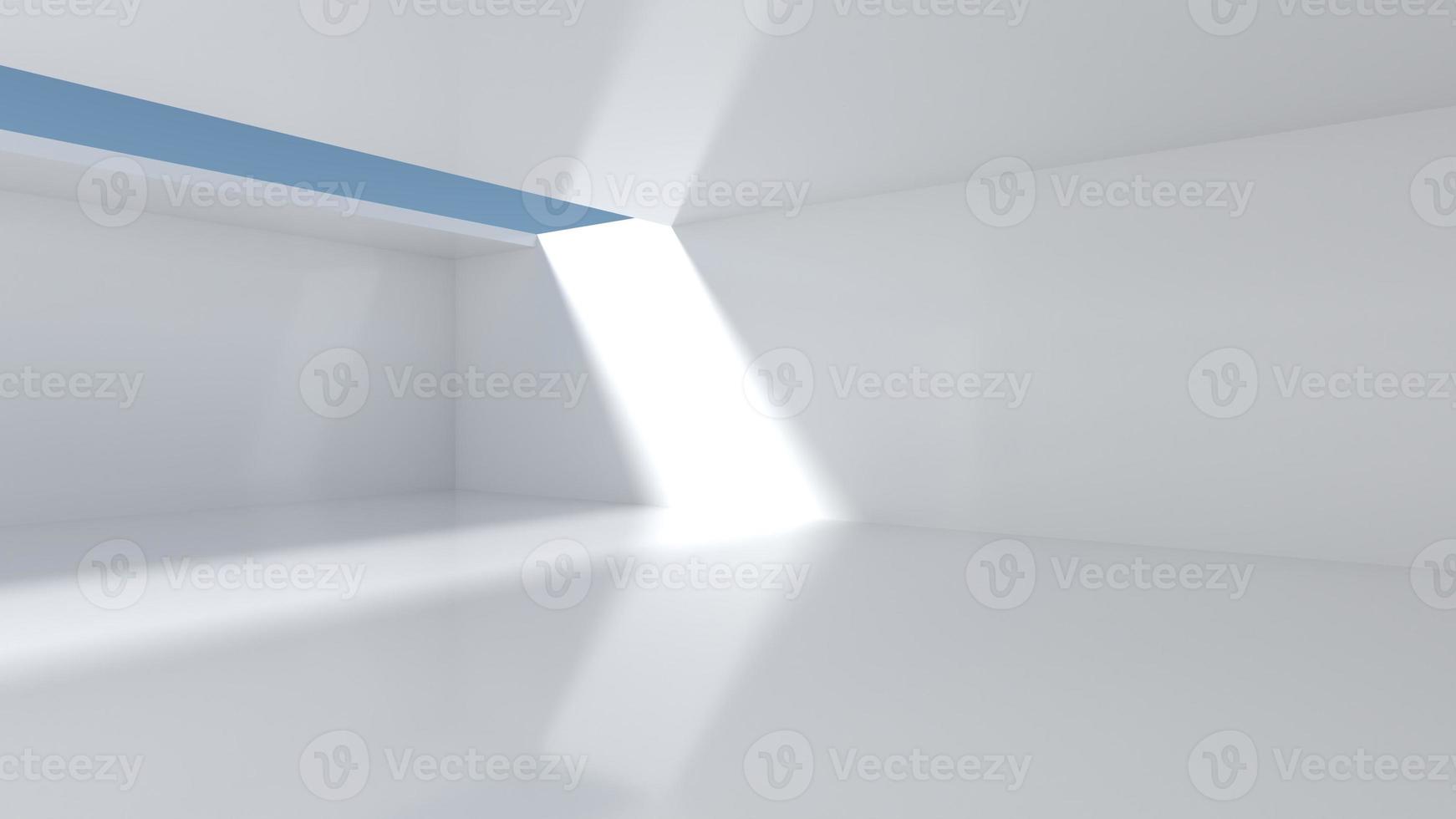 Empty room with white walls and openings on the ceiling overlooking the sky. There was a beam of light in the room. Showroom concept and warehouse. 3d rendering photo